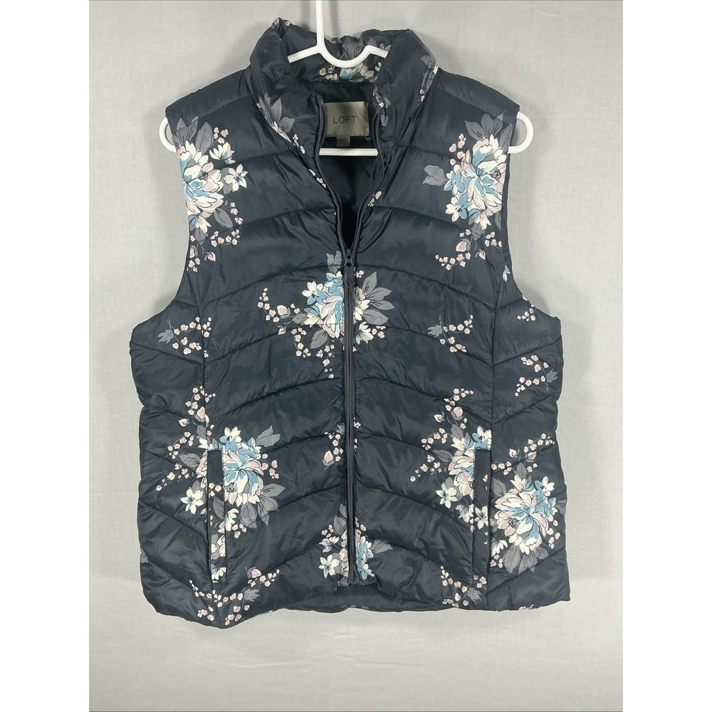 Loft Woman's Puffer Vest Size Small Multi-Color Floral Zip Front Quilted Pockets